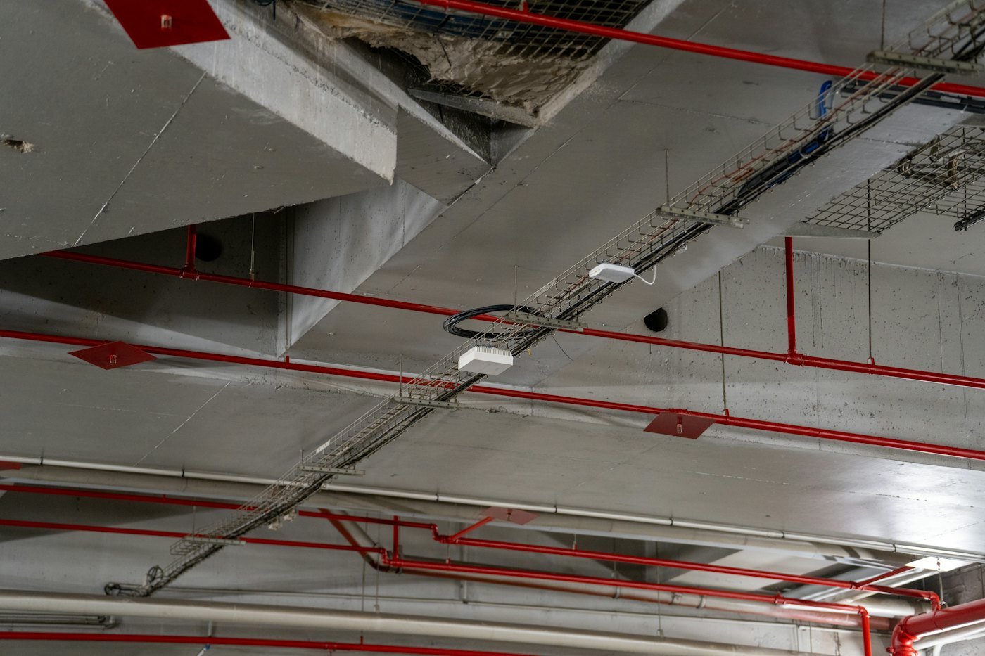 Ceiling with red sprinkler pipes